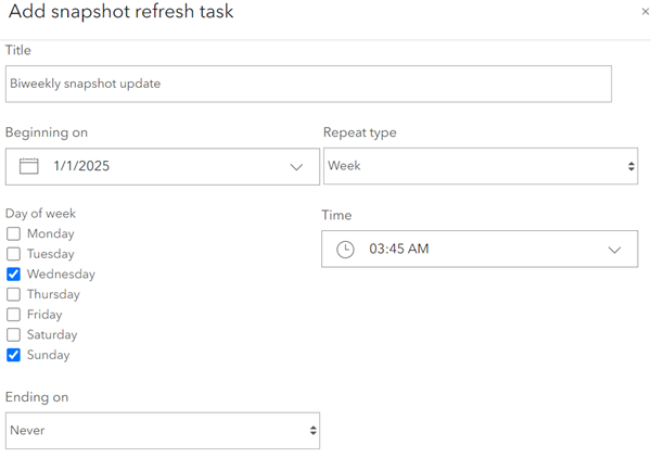 Adding a snapshot refresh task that runs twice a week indefinitely Adding a snapshot refresh task that runs twice a week indefinitely